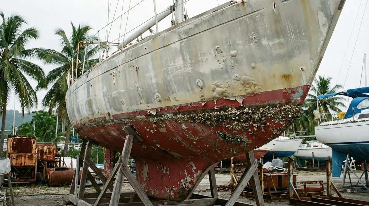 Professional yacht hull painting and coating restoration in Phuket shipyard