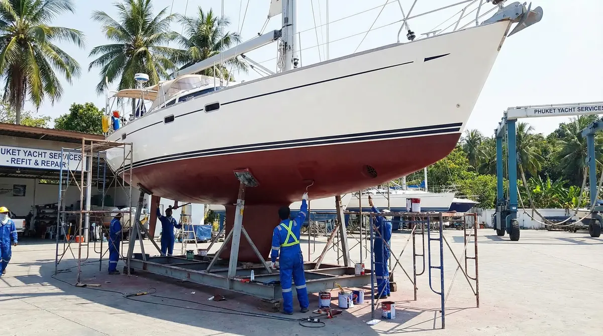 Mechanical and engineering work on sailing yacht hull and superstructure