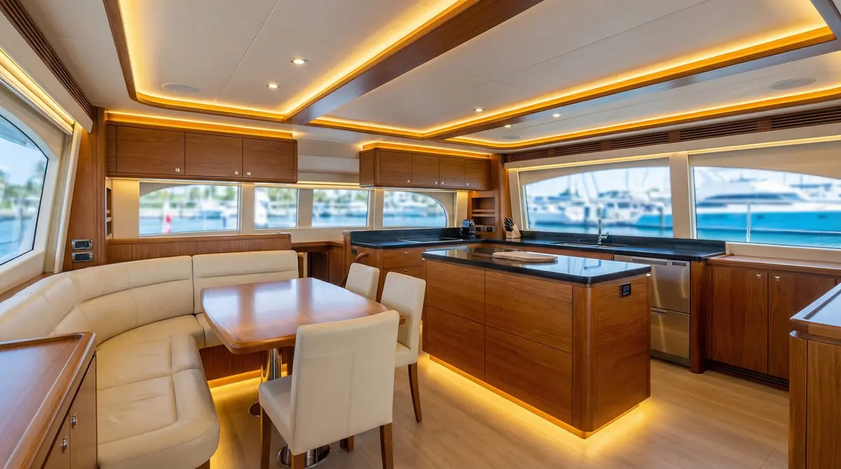 Luxury yacht interior teak and carpentry renovation with custom cabinetry