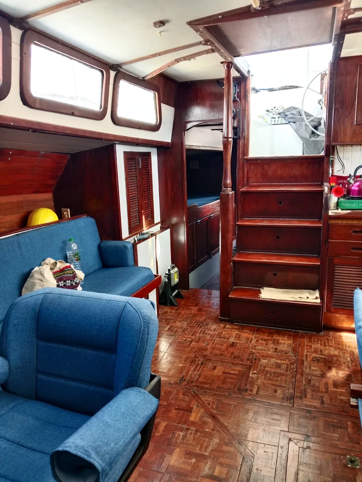 Companionway stairs and restored wooden cabinetry
